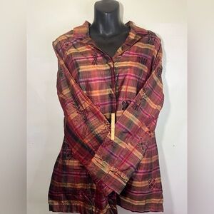 90s y2k CHICOS designs, plaid tartan embroidered jacket, earth colors boho silk